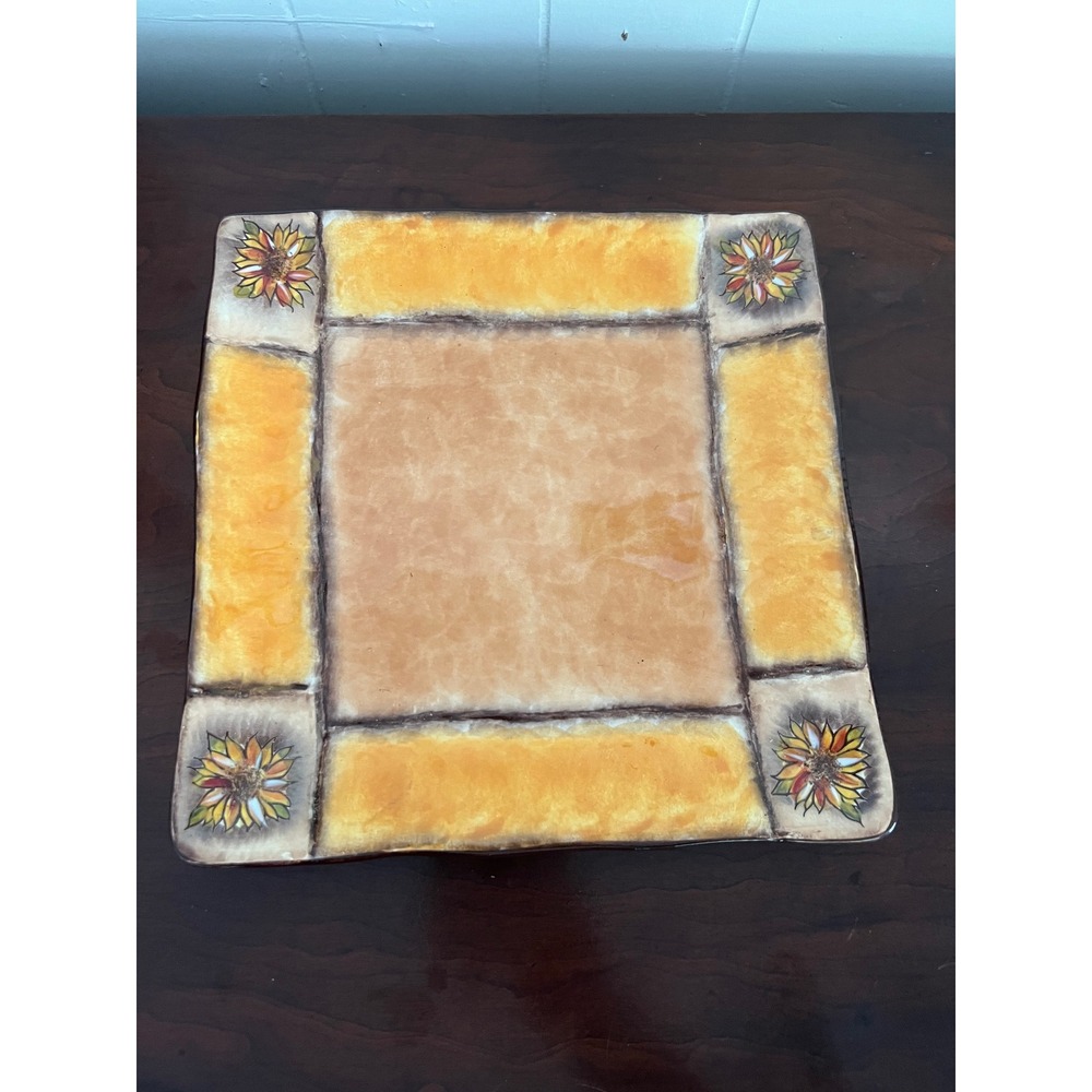 Clay Art Tuscan Sunflower Hand Painted 10" Square Plate StoneLite Ceramic Orange